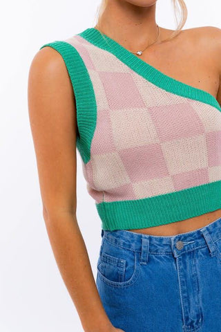 Checked Out One Shoulder Sweater Top Blush